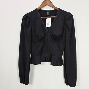 NWT Forever 21 Top M Black V Neck Balloon Long‎ Sleeve Gothic Babydoll Ruffle